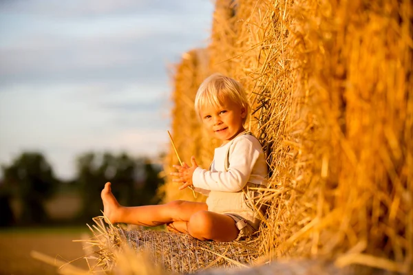 Niños felices, jugando en pajar verano —  Fotos de Stock