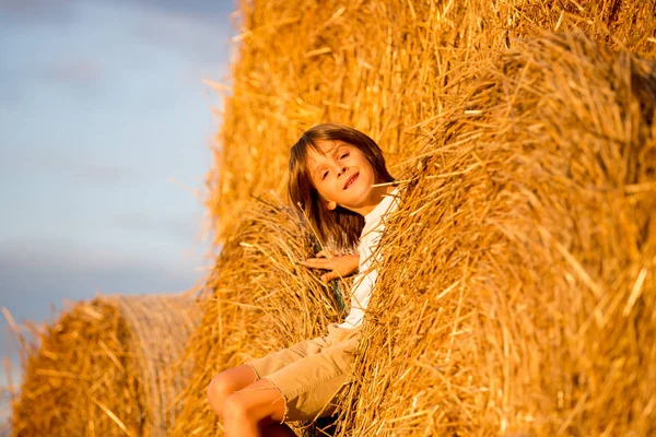 Mutlu çocuklar, yaz aylarında samanlıkta oynuyorlar. — Stok fotoğraf