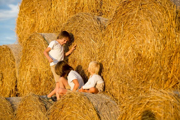 Niños felices, jugando en pajar verano —  Fotos de Stock