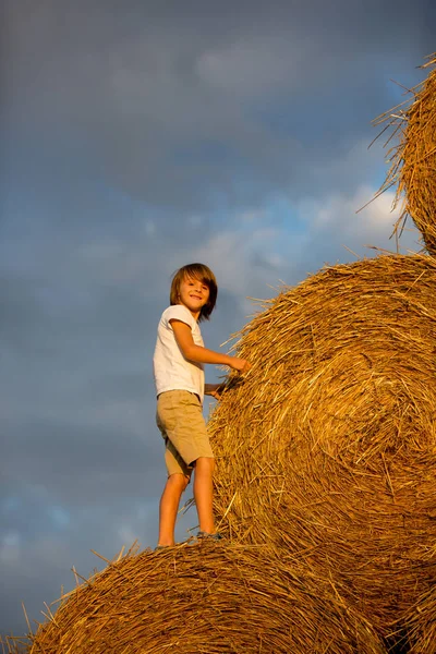 Niños felices, jugando en pajar verano —  Fotos de Stock