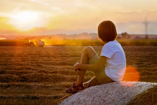 快乐的孩子，看着拖拉机在日落时分在田间地头工作，坐视 — 图库照片