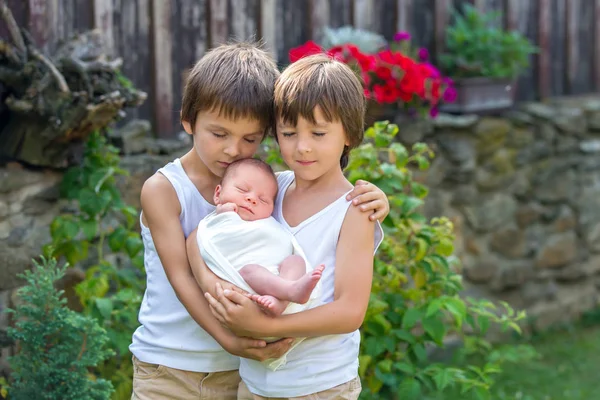Filhinhos, meninos com um irmão recém-nascido no parque — Fotografia de Stock