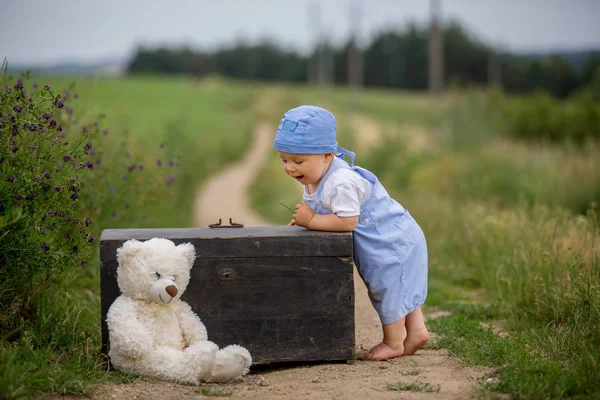 Niedliche Kleinkind Junge, sitzt auf Vintage-Koffer, spielt mit tedd — Stockfoto