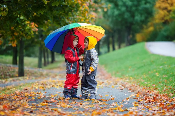 二人の愛らしい子供、男の子兄弟 umbrel と公園で遊ぶ — ストック写真