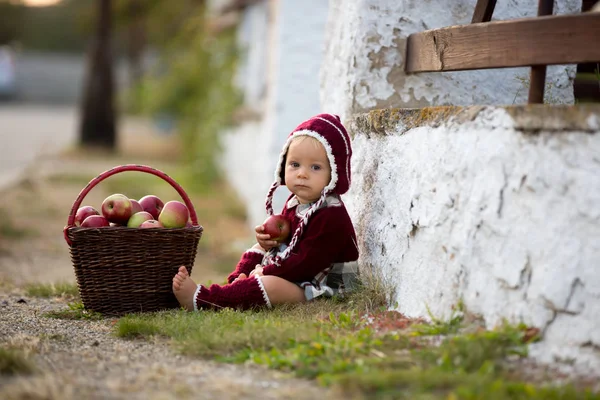 秋天的孩子在村子里吃苹果。小男婴玩 — 图库照片