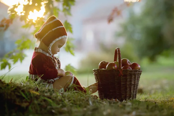 Bambino che mangia mele in un villaggio in autunno. Bambino bambino giocare — Foto Stock