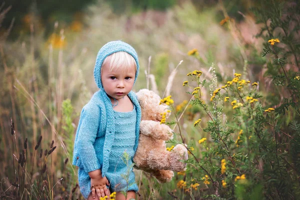 Vackra småbarn pojke med handgjorda stickade outfit och Teddy Bea — Stockfoto