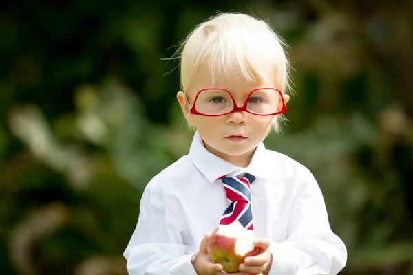 Niedliches Kind, mit Brille und Apfel essen, gekleidet für die erste da — Stockfoto