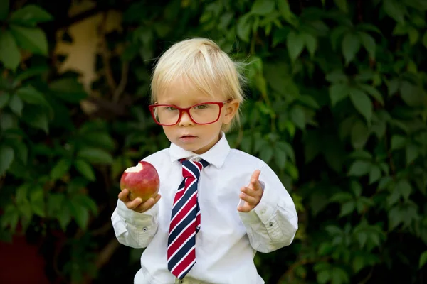 Sevimli çocuk, gözlük giyen ve elma yeme, ilk da için giyinmiş — Stok fotoğraf
