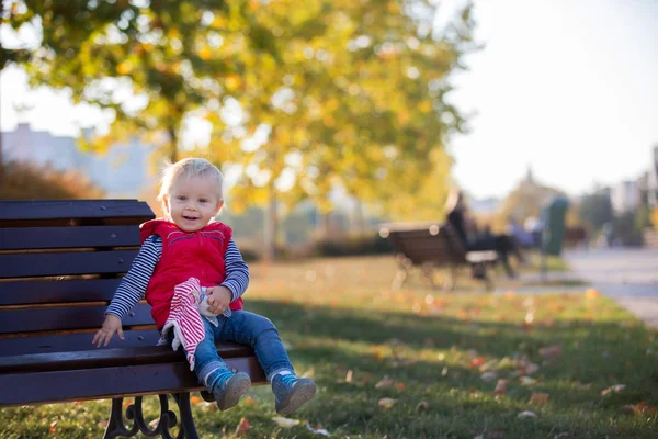 Joyeux petit enfant, petit garçon, riant et jouant avec apaisant — Photo