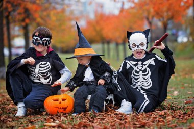 Bir parkta cadılar bayramı oyma kabak ile eğlenen çocuklar, wea