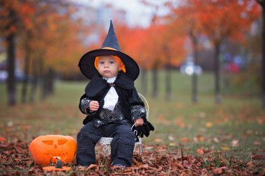 Bir parkta cadılar bayramı oyma kabak ile eğlenen çocuklar, wea