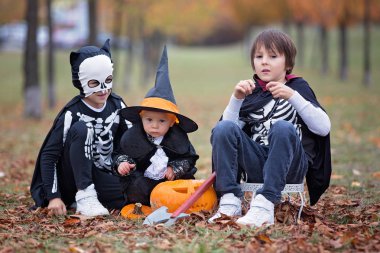 Bir parkta cadılar bayramı oyma kabak ile eğlenen çocuklar, wea