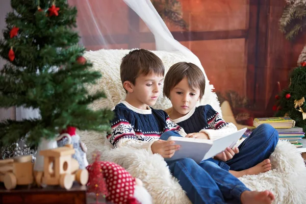 Dwóch chłopców z rodzeństwa w wieku przedszkolnym czytających książkę w fotelu w pobliżu Chrisa — Zdjęcie stockowe