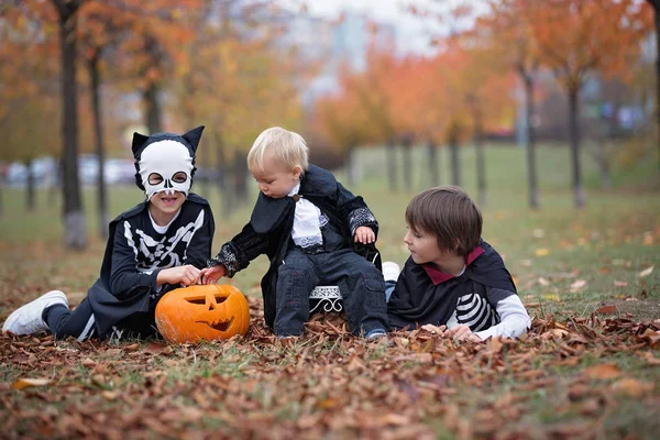 Crianças se divertindo com abóbora esculpida halloween em um parque, wea — Fotografia de Stock