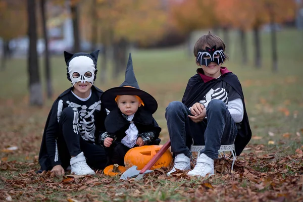 Crianças se divertindo com abóbora esculpida halloween em um parque, wea — Fotografia de Stock