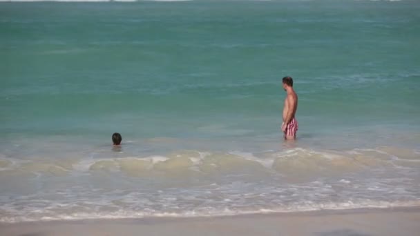 父と2人の子供 遊んで 巨大な大きな波に飛び散る海の波に飛び乗る — ストック動画