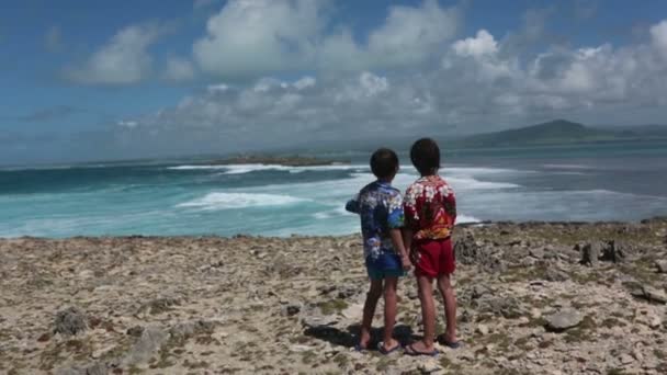 モーリシャス近くの島の海岸で大きな波を観察しながら カラフルなハワイのシャツを着た幸せな子供たち — ストック動画