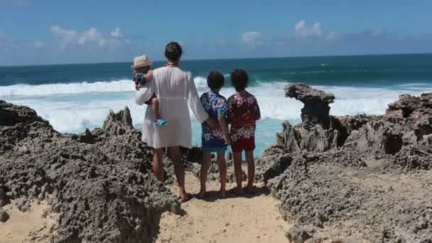 Niños Felices Camisas Hawaianas Coloridas Disfrutando Observar Las Grandes Olas — Vídeo de stock