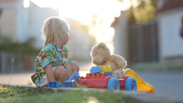 美しい幼児の子供 プラスチック製のおもちゃ ブロック 小さな村の日没の車で遊ぶ — ストック動画