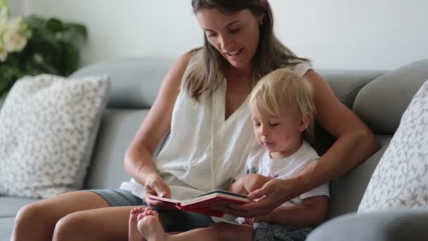 Encantadora Madre Mostrando Imágenes Libro Lindo Bebé Casa Comiendo Cerezas — Vídeo de stock