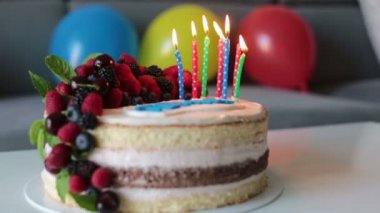 Beautiful  boy in blue shirt, celebrating his birthday, blowing candles on homemade baked cake, indoors. Birthday party for kids