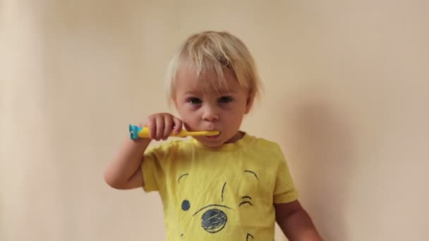 Pequena Criança Bebê Menino Escovar Dentes Com Escova Dentes Fundo — Vídeo de Stock
