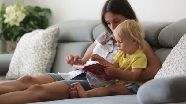 Charmante Mutter Die Ihrem Niedlichen Kleinkind Hause Bilder Einem Buch — Stockvideo