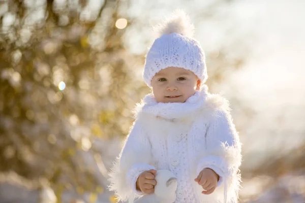 Dziecko bawiące się z Teddym w śniegu, czas zimowy. Mały maluch. — Zdjęcie stockowe