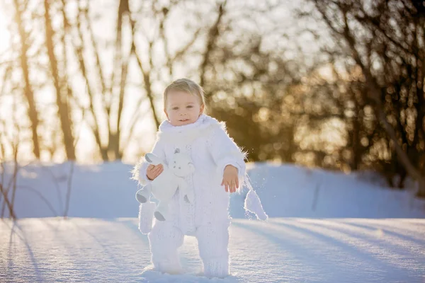 Дитина грає з тедді в сніг, в зимовий час. Маленький малюк — стокове фото
