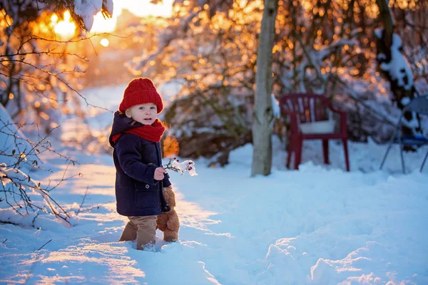 Bébé jouant avec nounours dans la neige, l'hiver. Petit bambin — Photo