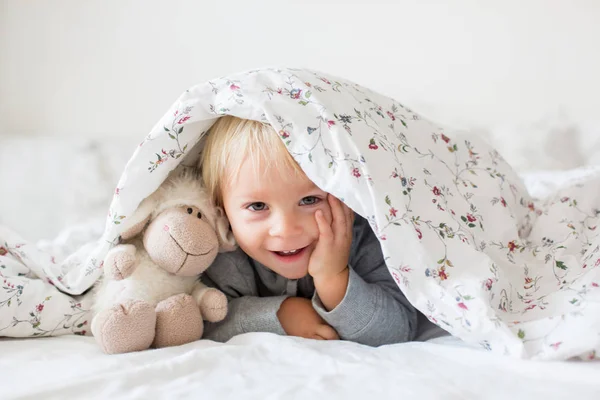 Little toddle boy, playing with teddy toy, hiding under the cove — Stock Photo, Image