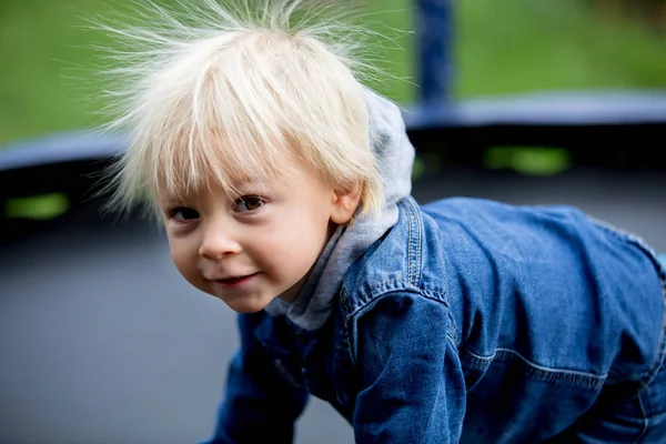 Cute little boy with static electricy hair, having his funny por