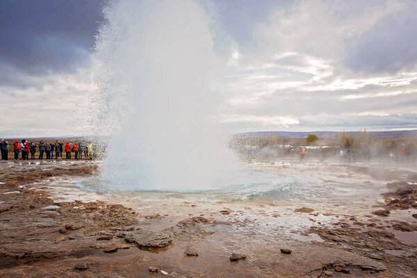 Scenic picture of Strokkur Geyser while erupting, Iceland 