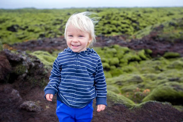 Sonriente niño pequeño, muchacho, posando frente a la hermosa m lanudo — Foto de Stock