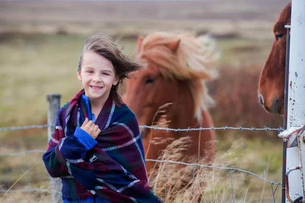 Beautiful child and horses in the nature, early in the morning o — Stock Photo, Image