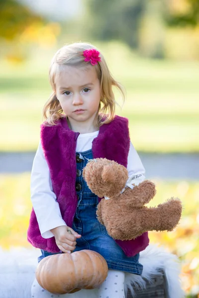 甘い幼児の赤ちゃんの女の子、子供、葉で公園で遊ぶ — ストック写真