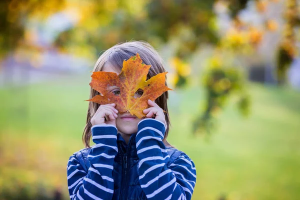Piękny przedszkolak, trzymający duży liść przed twarzą, — Zdjęcie stockowe