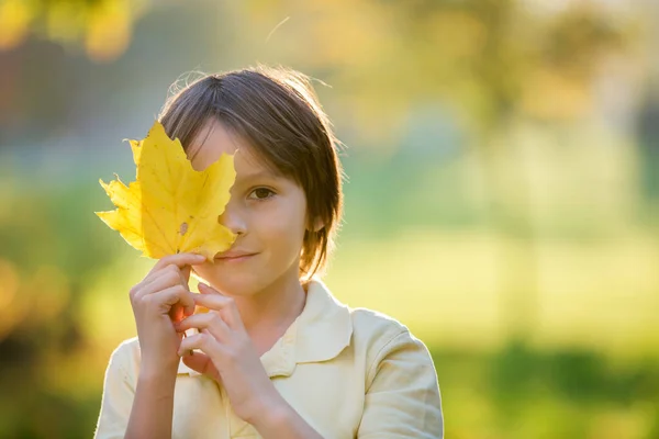 Schöner Vorschuljunge, der ein großes Blatt vor sein Gesicht hält, — Stockfoto