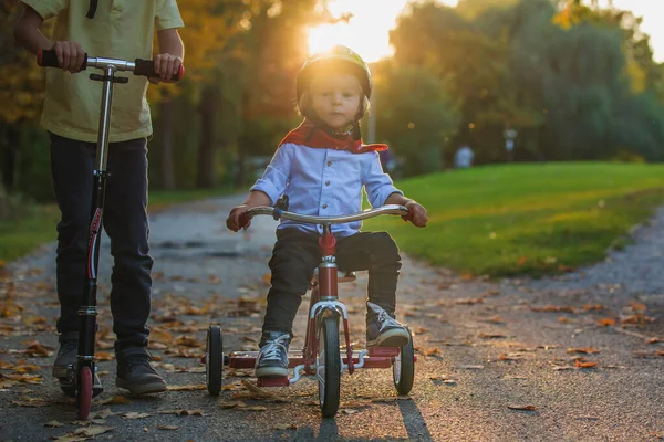 Mooi blond twee jaar oud peuter jongen en zijn oudere broer — Stockfoto