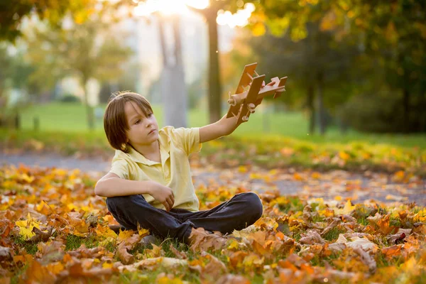 Schöner Vorschuljunge, der im Park mit einem hölzernen Flugzeug spielt — Stockfoto