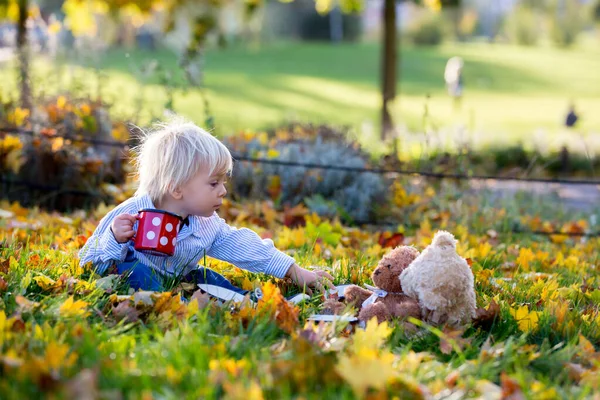 Красива дитина-малюк, хлопчик, п'є чай в парку з їжею — стокове фото