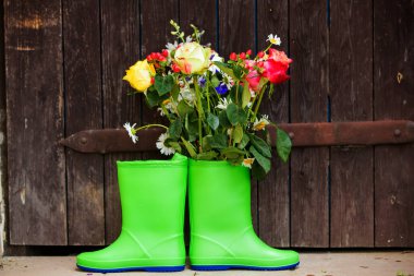 Bahçede güzel çiçekli lastik botlar.