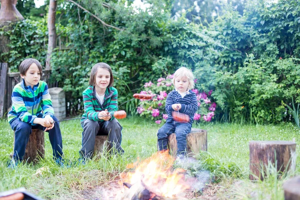 Niños Felices Asando Salchichas Fogata Por Noche — Foto de Stock