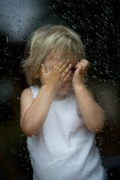Sad Child Window Rainy Day — Stock Photo, Image