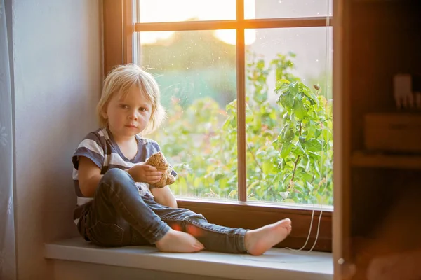 放棄された小さな幼児の男の子 パンを食べて 窓の上に悲しい座って 外を見る — ストック写真