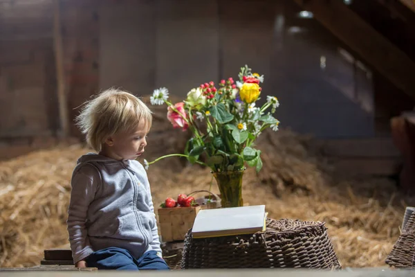 Liten Liten Blond Pojke Läser Bok Vinden Trevlig Atmosfär Blommor — Stockfoto