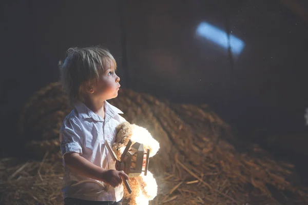 Little Toddler Blond Boy Playing Wooden Plane Teddy Bear Attic — Stock Photo, Image