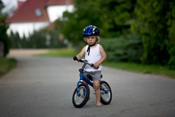 Child Riding Balance Bike Street — Stock Photo, Image