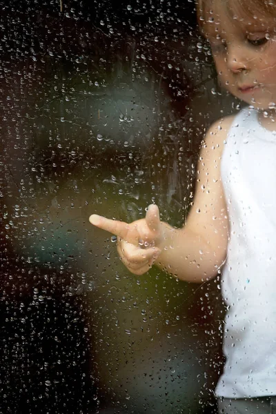 Sad Child Window Rainy Day — Stock Photo, Image